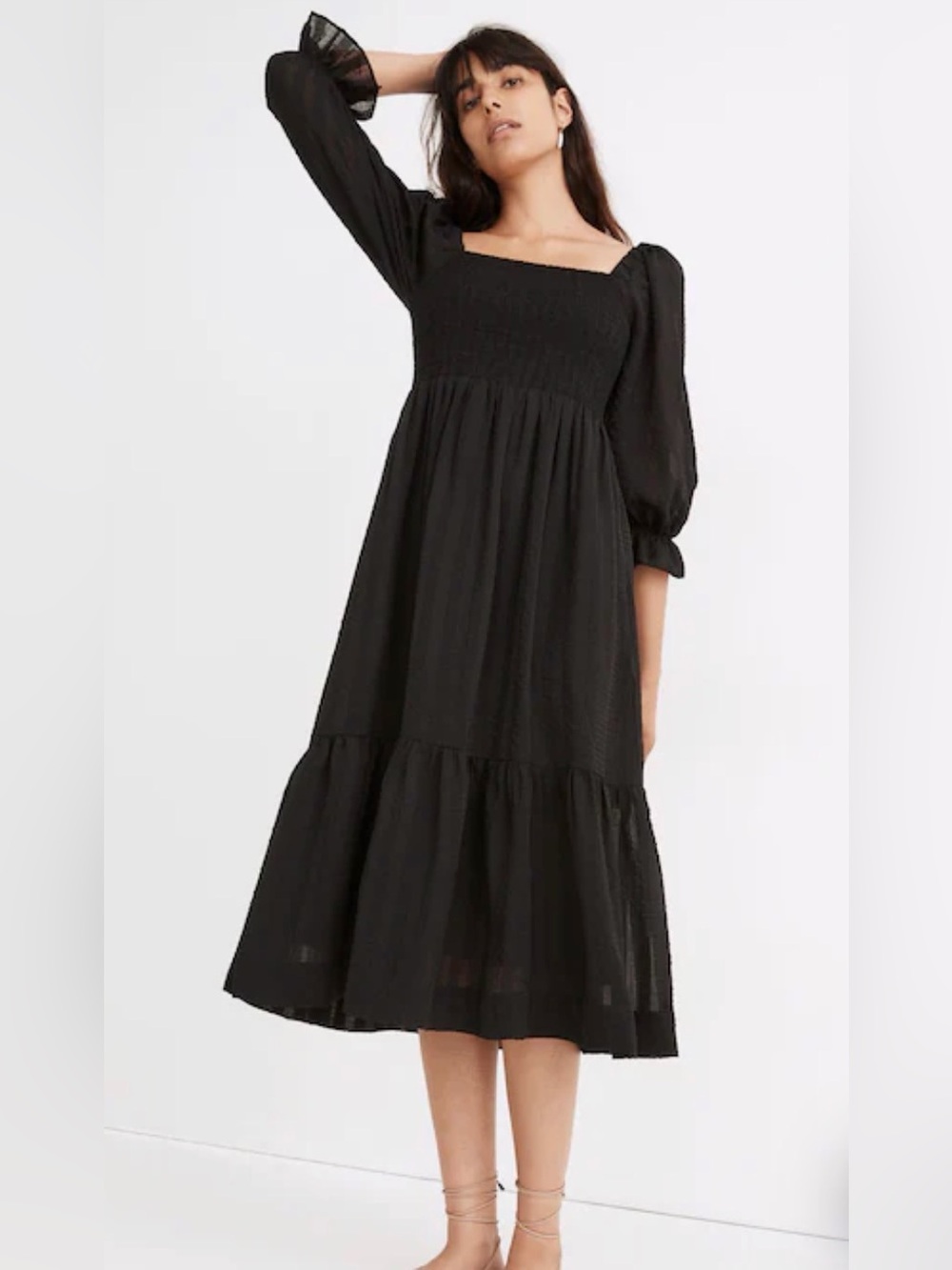 Madewell Lucie Black Smocked Square Neck Midi Dress Sz S Feminine Minimalist